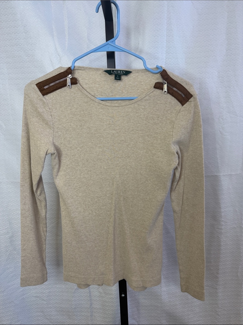 Lauren Ralph Lauren Beige Long Sleeve Top with Brown Shoulder Zips